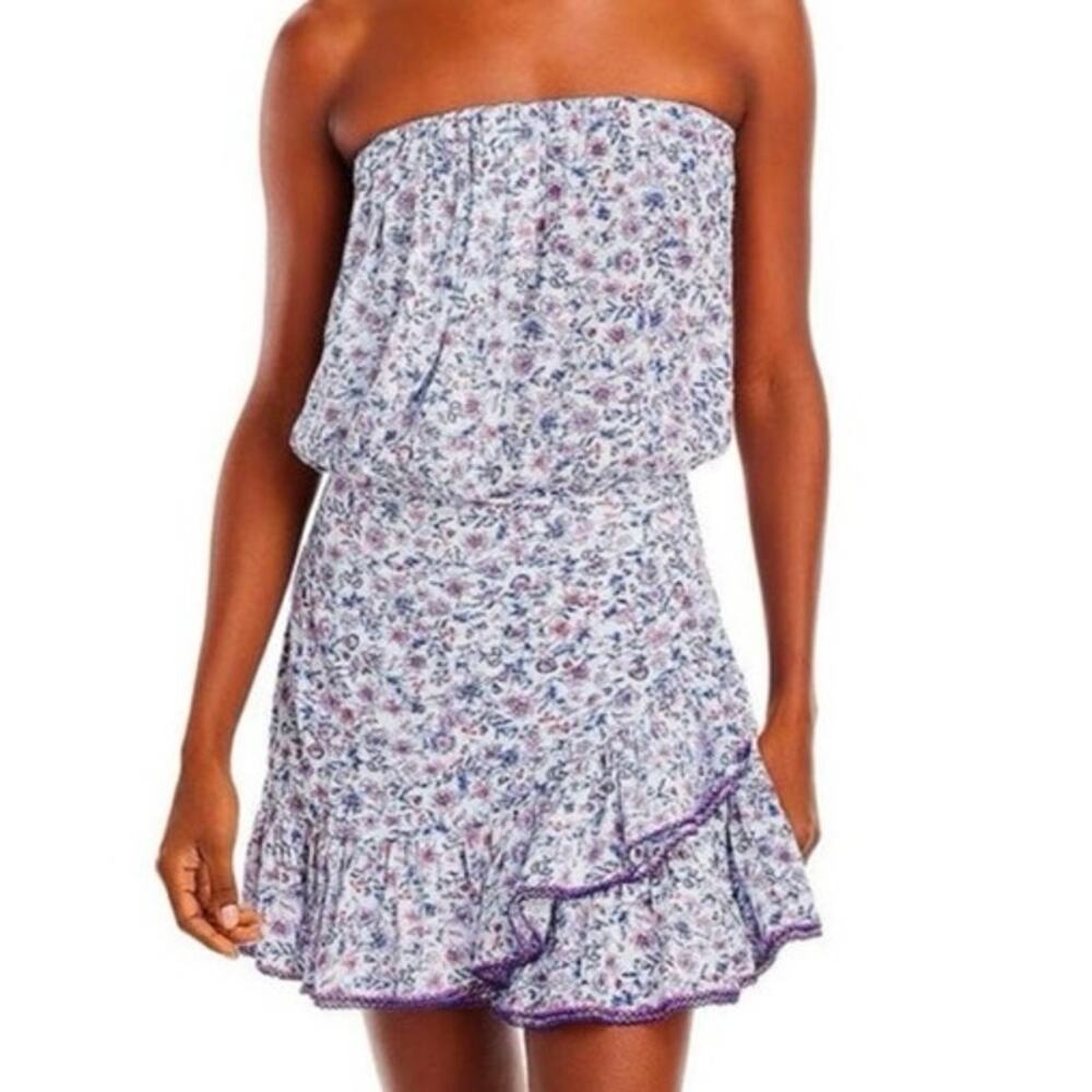 Poupette St Barth Ambra Blue Floral Ruffled Bandeau Mini Dress Strapless - Small